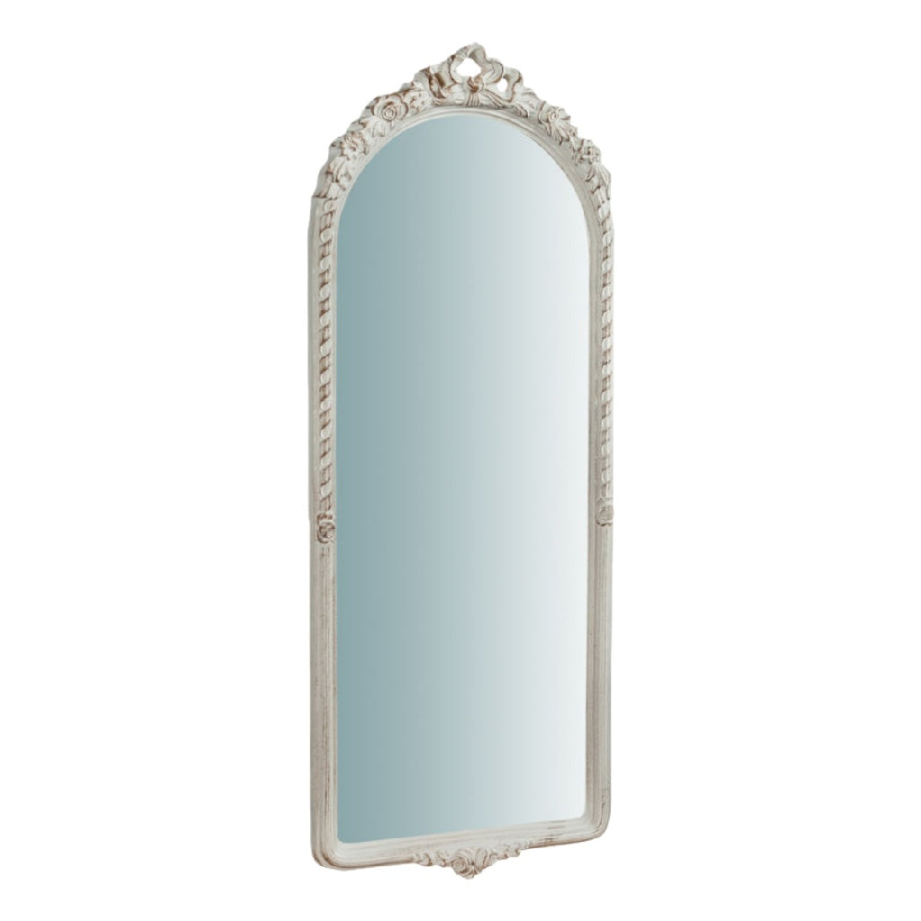 Espejo decorativo clásico alto con arco, marco tallado color blanco envejecido, para pared