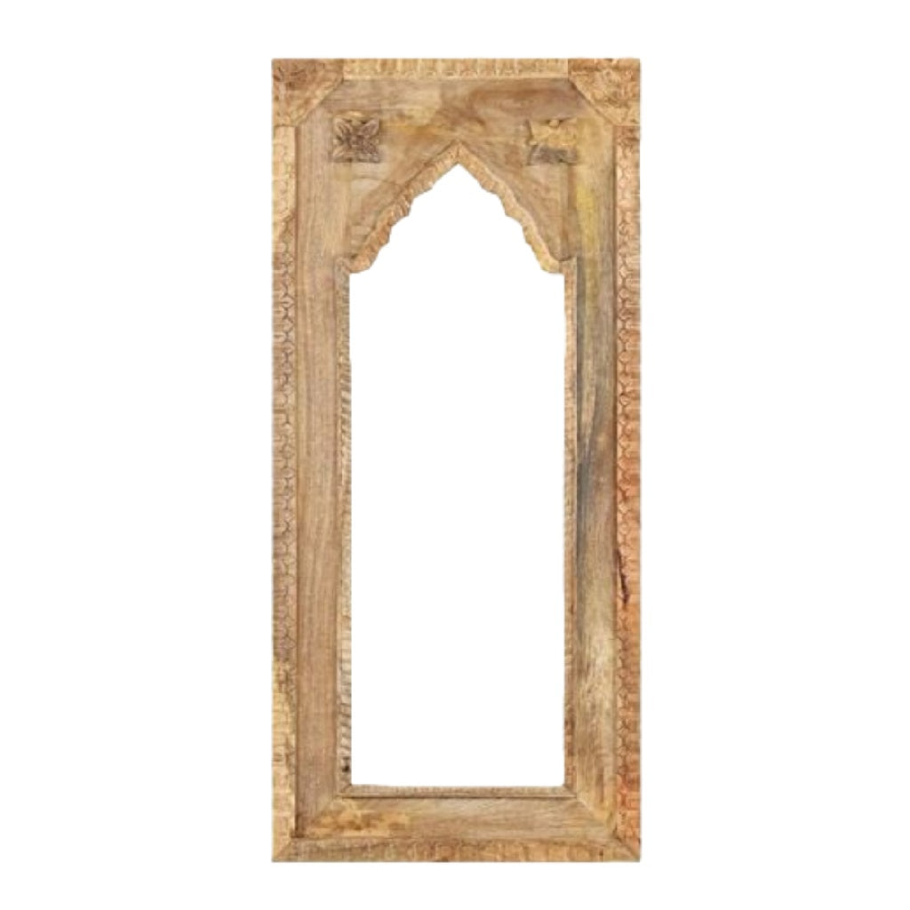 Marco decorativo alto estilo oriental con arco, madera natural tallada, para pared