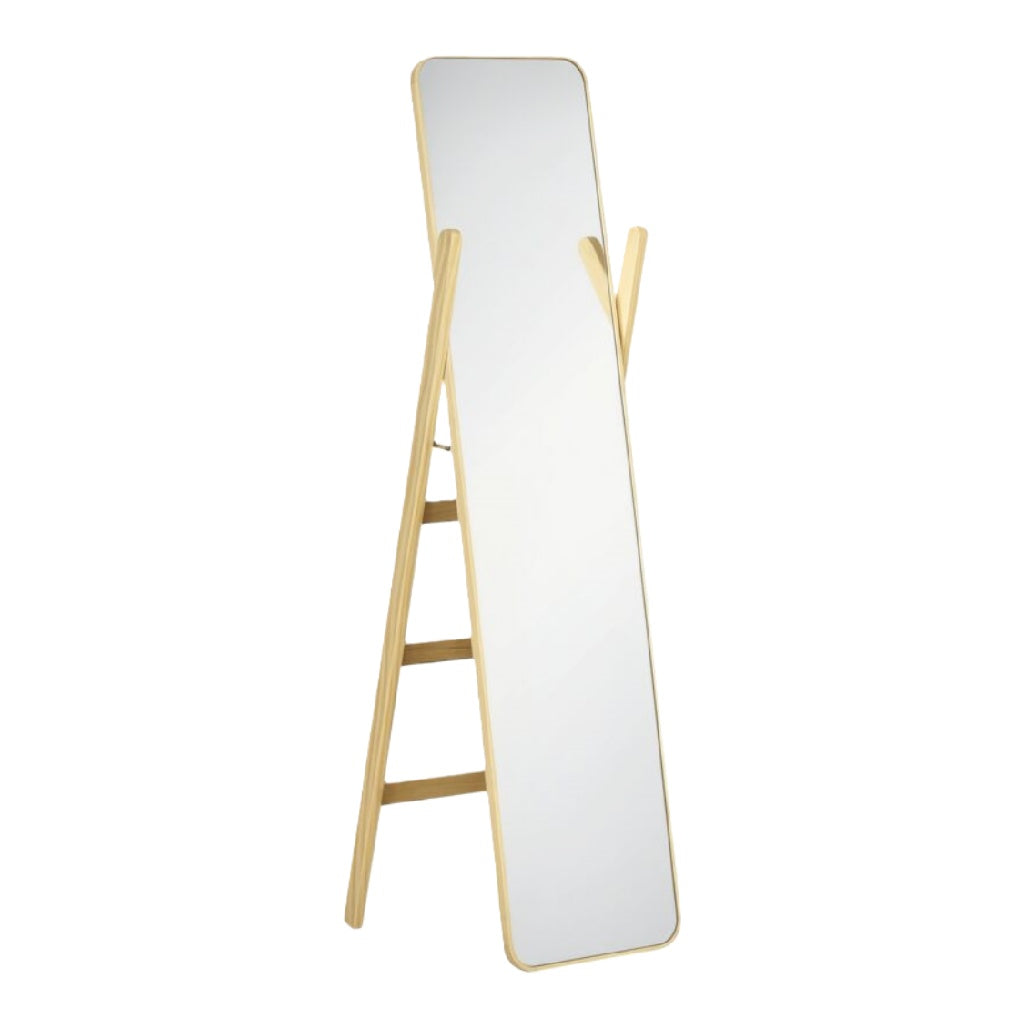 Espejo de cuerpo entero con perchero, rectangular moderno, estructura de madera natural, de pie